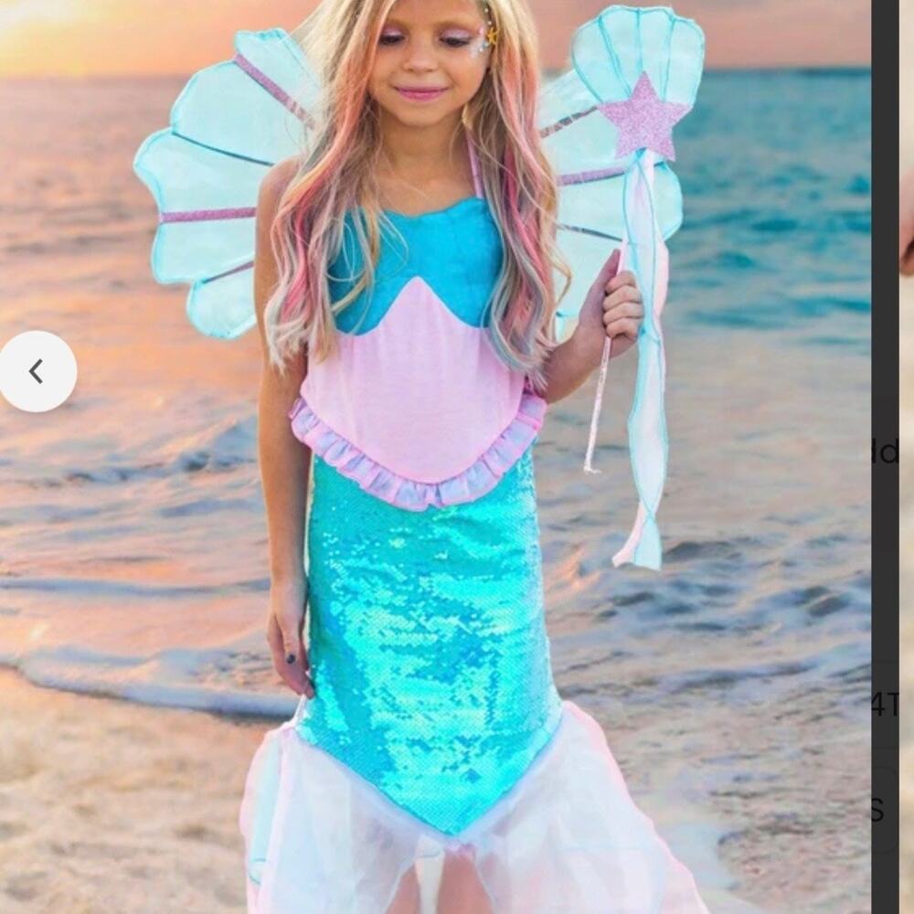Girls Pink Blue Mermaid Princess Halloween Costume Size XS/4 Sequin Wings Wand